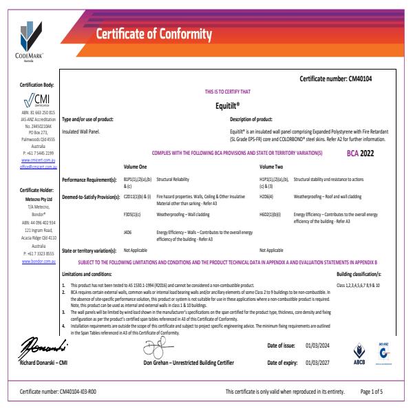 Equitilt CodeMark Certificate